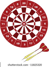 vector drawing of red dart board with 2 darts