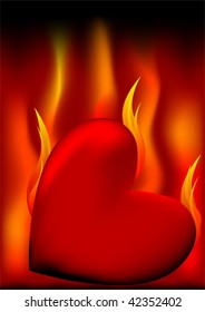 Vector drawing red hearts against a background of fire