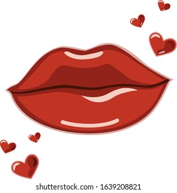 Vector drawing red lips, hearts soaring in a flat style.