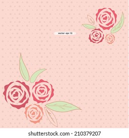 vector drawing of red, pink roses with leaves over pink dotted polka background suitable for card, invitation, marry, birthday, valentine, wedding and fabric design concept idea background