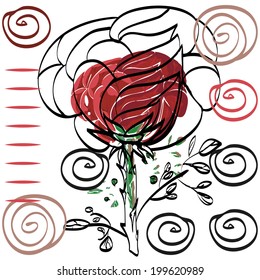 Vector drawing of a red rose with a torn black outline a simple card on a white background.