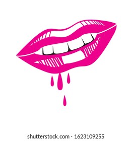 Vector drawing of red sensual lips with falling drops isolated on white