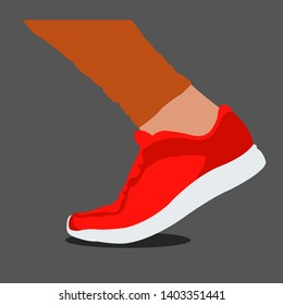Vector drawing of red sneakers with white sole on a gray background.