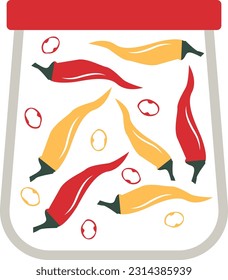 Vector drawing of red and yellow peppers in a jar. Cartoon illustration, food design.