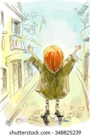vector drawing red-haired girl with his hands up stands on the street