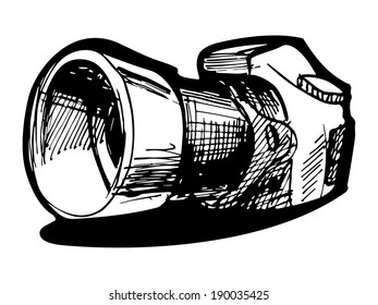 Vector drawing of reflex camera stylized as engraving. 