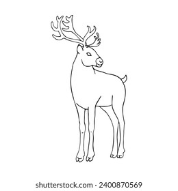 Vector drawing of a reindeer in cartoon style. Hand drawn illustration. Black and white drawing.