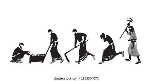 Vector drawing of religious Jewish figures, the children of Israel, working hard, making bricks from clay. An Egyptian stands and holds a beating stick. A scene from the enslavement of Israel in Egypt