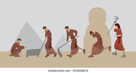 Vector drawing of religious Jewish figures, the children of Israel, working hard, making bricks from clay. An Egyptian stands and holds a beating stick. A scene from the enslavement of Israel in Egypt