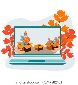 Vector drawing of a remote delivery of rose bushes in boxes on a white isolated background. Figure flat, cartoon. Design banners, covers