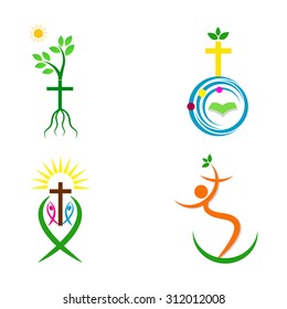 A vector drawing represents Christianity cross with bible fish globe tree people design.