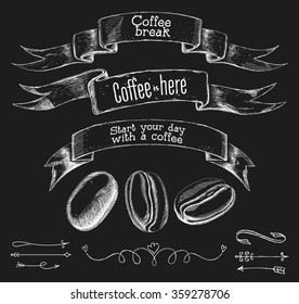 vector drawing ribbons and coffee beans. chalkboard. Vintage style