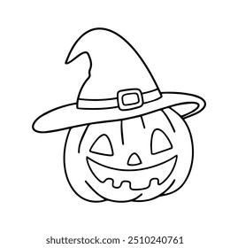 Dibujo de Vector de una calabaza alegre madura con una cara espeluznante. Cara de monstruo de Halloween en un sombrero de mago. ilustración de dibujos animados sobre fondo blanco. 