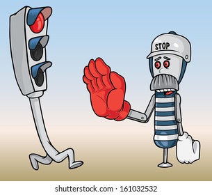 Vector drawing of robotic traffic officer and a running traffic light character