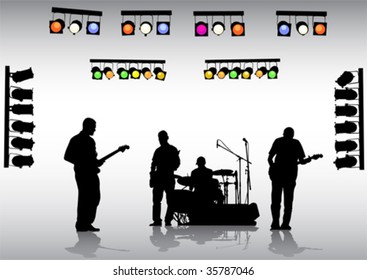 Vector drawing rock band on the stage and lighting equipment