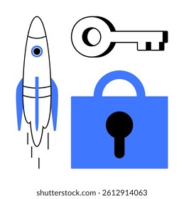 Vector drawing of a rocket, key, and padlock in blue and black colors. Ideal for themes of innovation, security, growth, access, and protection. Minimalistic and modern style