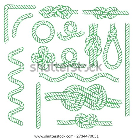 Vector drawing of rope elements for mountaineering, marine work. Green braided rope, rope, a series of rope segments on a transparent background.