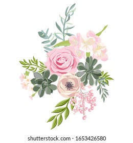 vector drawing rose flowers and leaves, isolated floral design elements at white background, hand drawn illustration