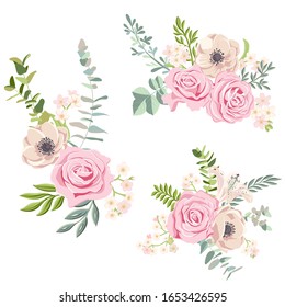 dibujo vectorial flores de rosa y hojas, elementos de diseño floral aislados en fondo blanco, ilustración dibujada a mano