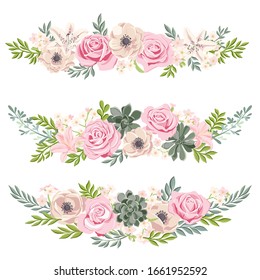vector drawing rose flowers and leaves, isolated floral design elements at white background, hand drawn illustration, decorative garland