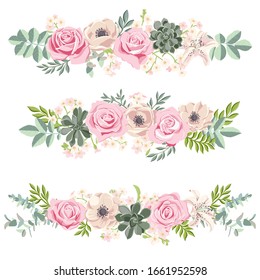 vector drawing rose flowers and leaves, isolated floral design elements at white background, hand drawn illustration, decorative garland