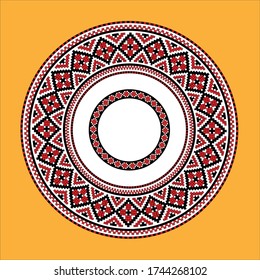 Vector drawing - round frame with a repeating traditional Slavic pattern resembling embroidery on an orange isolated background