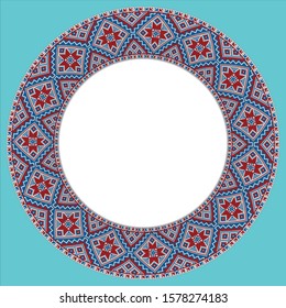 Vector drawing - a round frame with a traditional Russian pattern in red, blue and white colors. It can be used, for example, as a frame for a photograph.