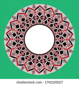 Vector drawing - a round frame with a traditional Slavic pattern in red, black and white colors. It can be used, for example, as a frame for a photograph or ornament for a plate.