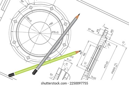 Vector drawing of a round mechanical part with through holes.
Steel cover with thread. Engineering CAD scheme.
