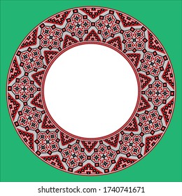 Vector drawing - round plate with ethnic pattern on a green background.