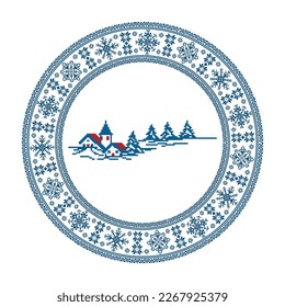 Vector drawing - a round plate with a winter geometric pattern