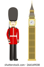 Vector drawing of the Royal Guard in London and Big Ben