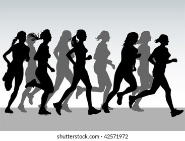 Vector drawing running athletes. Silhouettes on white background