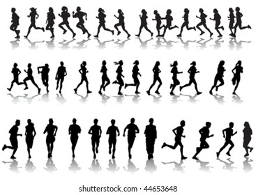 Vector drawing running athletes. Silhouettes on white background