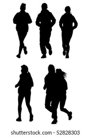 Vector drawing running athletes. Silhouettes on white background