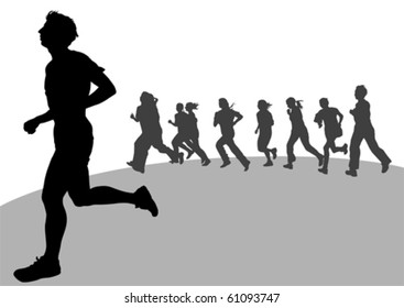 Vector drawing running athletes. Silhouettes on white background