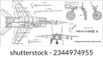 Vector drawing of a russian military aircraft mig.
General view of a war plane fighter bomber.
Top, front views. Landing gear, rocket. Cad scheme. 
