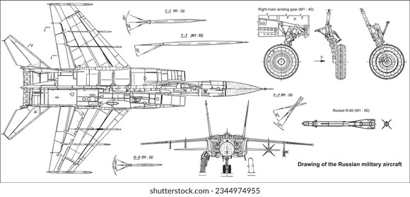 Vector drawing of a russian military aircraft mig.
General view of a war plane fighter bomber.
Top, front views. Landing gear, rocket. Cad scheme. 
