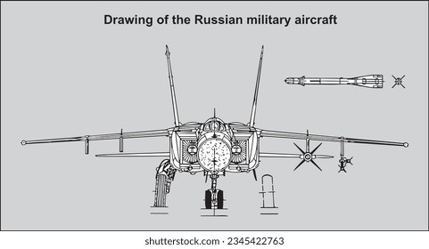 Vector drawing of a russian military aircraft mig.
General view of a war plane fighter bomber.
Rocket. Cad scheme. 