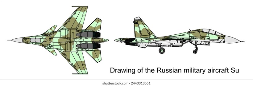 Vector drawing of a russian military aircraft. General view of a war plane fighter bomber. Top, side views. Cad scheme. Model, contour, sketch.