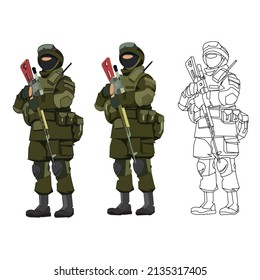 Dibujo de vectores. Un francotirador ruso con un rifle en las manos. Lleva casco, armadura corporal, ropa de caqui. Tres tipos de imágenes.
