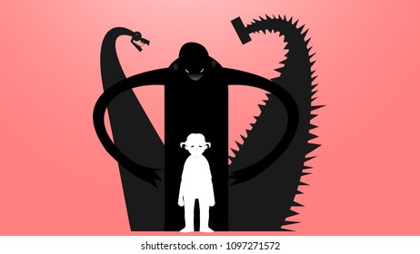 Vector drawing of a sad, depressed girl surrounded by three monsters which are bullying illustration