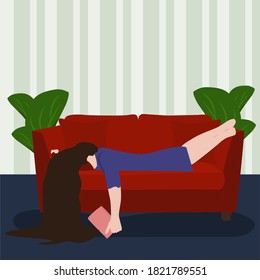Vector drawing of a sad girl in depression with fluttering hair lies on the sofa buried in a pillow in a flat style. Depressed teenager in cartoon style