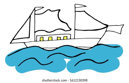 Vector drawing of a sailboat on the waves. Business icon. Hand-drawn illustration isolated on white background. Perfect for invitations, greeting cards, print, flyers, posters.