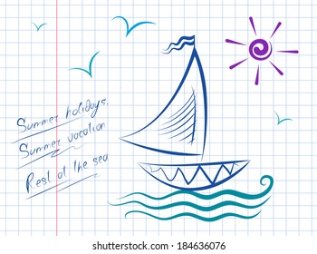 Vector drawing of sailboat on the waves. Sun and gulls.