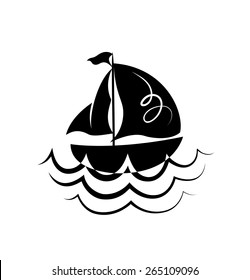 Vector drawing of sailboat on the waves. Symbols, logo and icon.