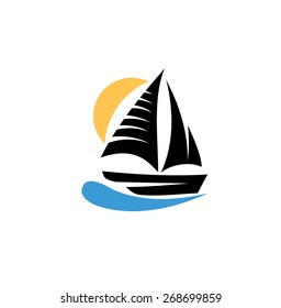 Vector drawing of sailboat on the waves. Logo design concept. Symbols, logo and icon.