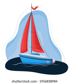 Vector drawing of a sailing boat. Luxury marine sailing regatta banner vector illustration. Yacht with scarlet sails isolated on white background.