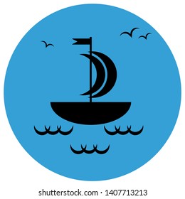 Vector drawing sailing boat on a sea gulls, silhouette color black flat style