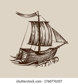 Vector drawing of sailing ship stylized as engraving on a beige background.